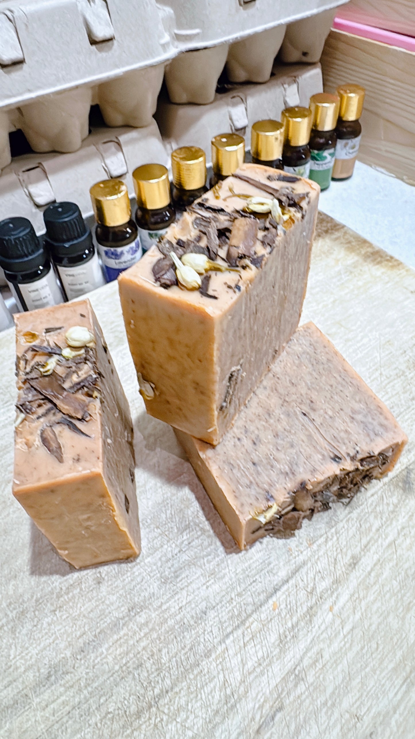 Handmade Coconut Oil Base Body Soap Infused with Real Cinnamon for Gentle Exfoliation and Topped with Real Cinnamon and Jasmine Flowers