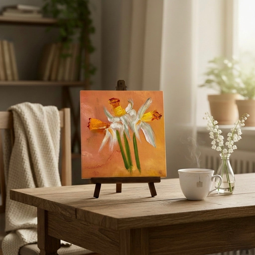 Display table easel showcasing the white daffodils and how they would look in a room showcased on a table