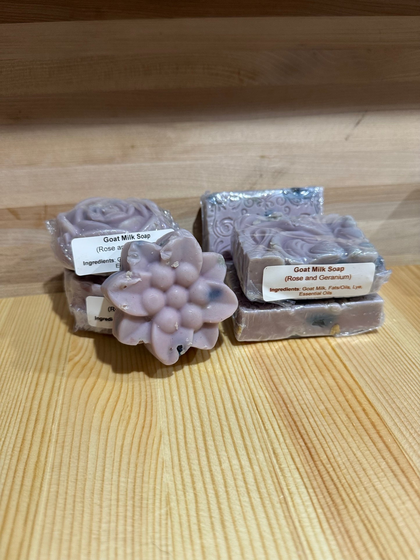Rose and Geranium essential oil scented handmade purple goat milk soap bars 