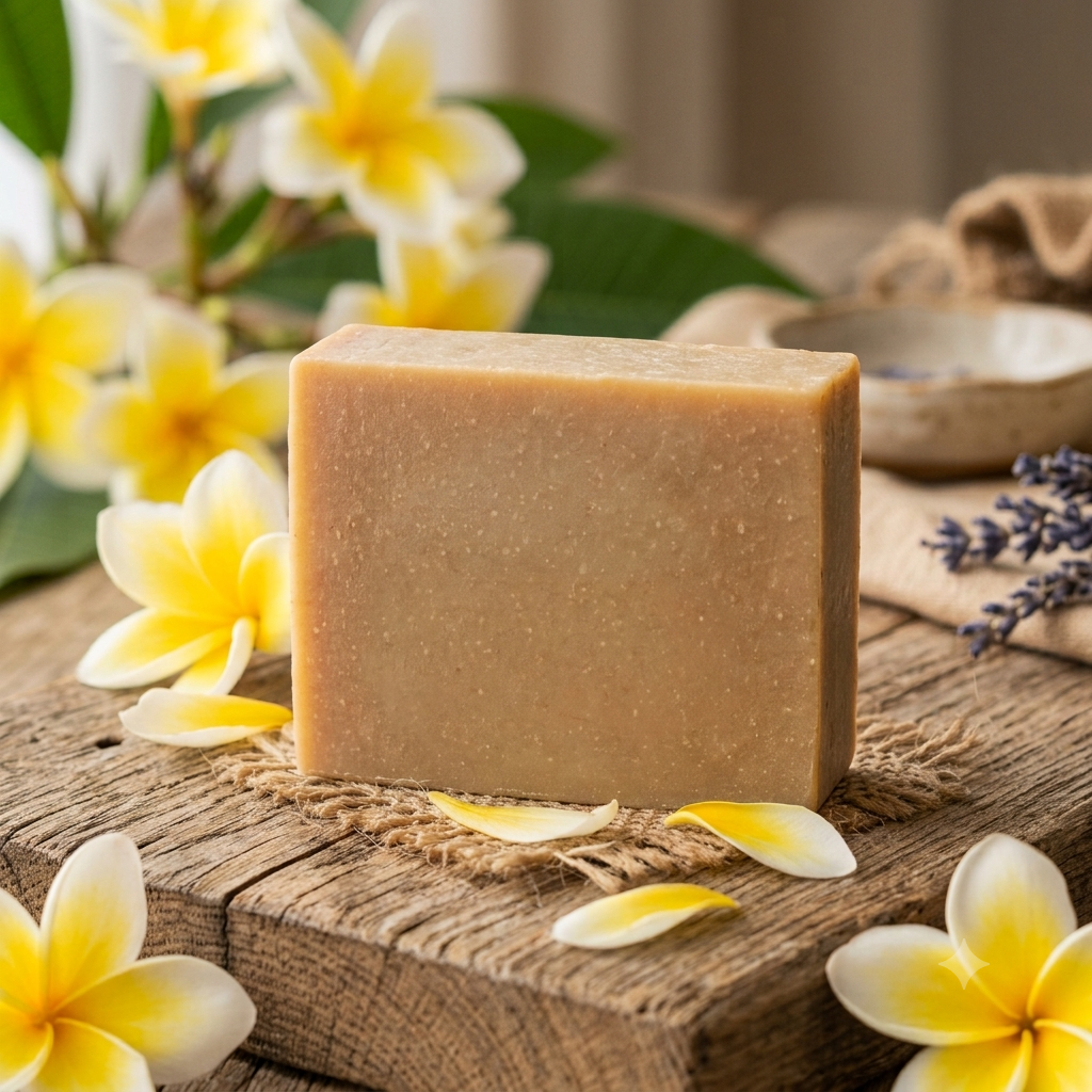 Plumeria flower next to a goat milk soap bar by No Kidding Farm and Vineyard in Tappahannock, Virginia, USA