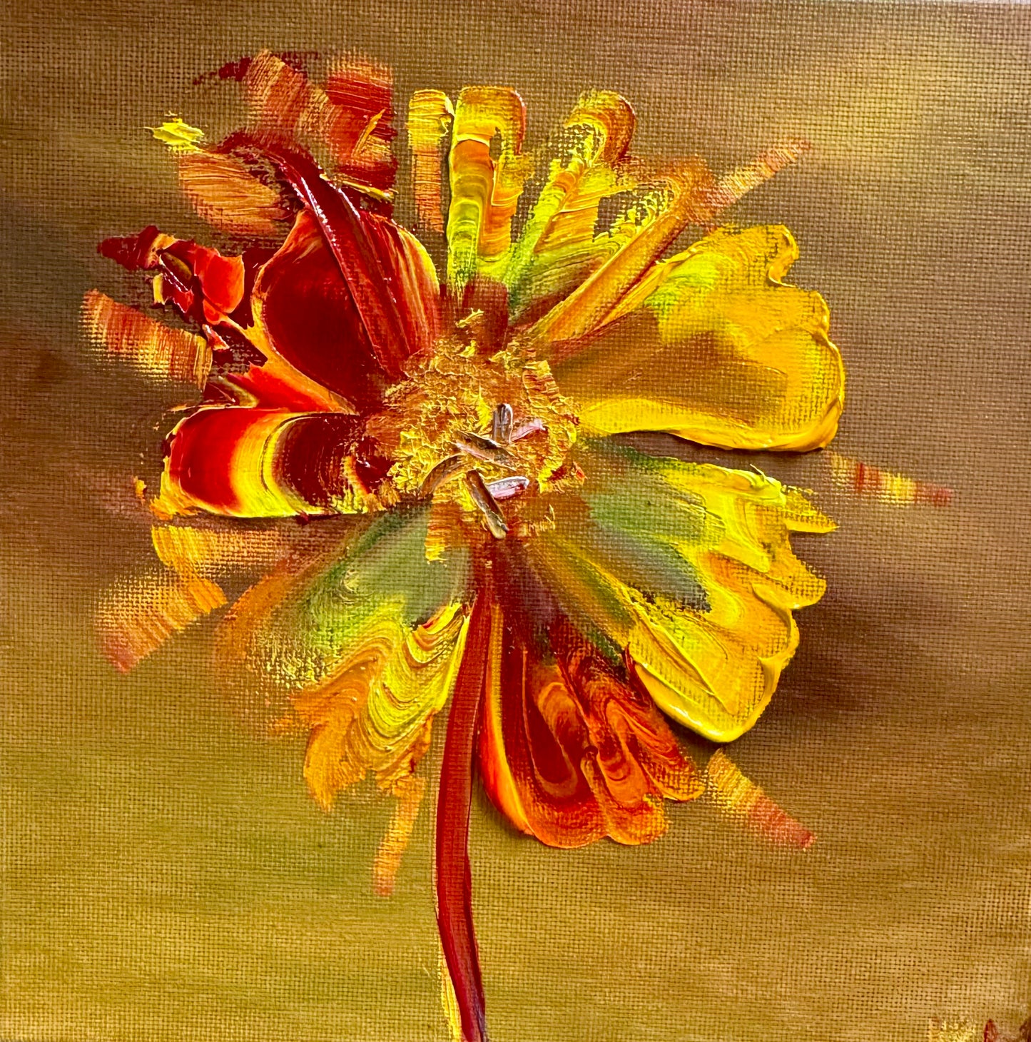 Abstract flower artwork by Katya Montes Art featuring a thick impasto abstract flower on a golden background on a small square 8x8 canvas.