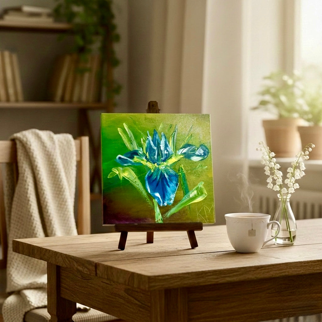 Blue Iris small 8”x8” square oil painting by Katya Montes Art being shown on a table easel in a room environment. 
