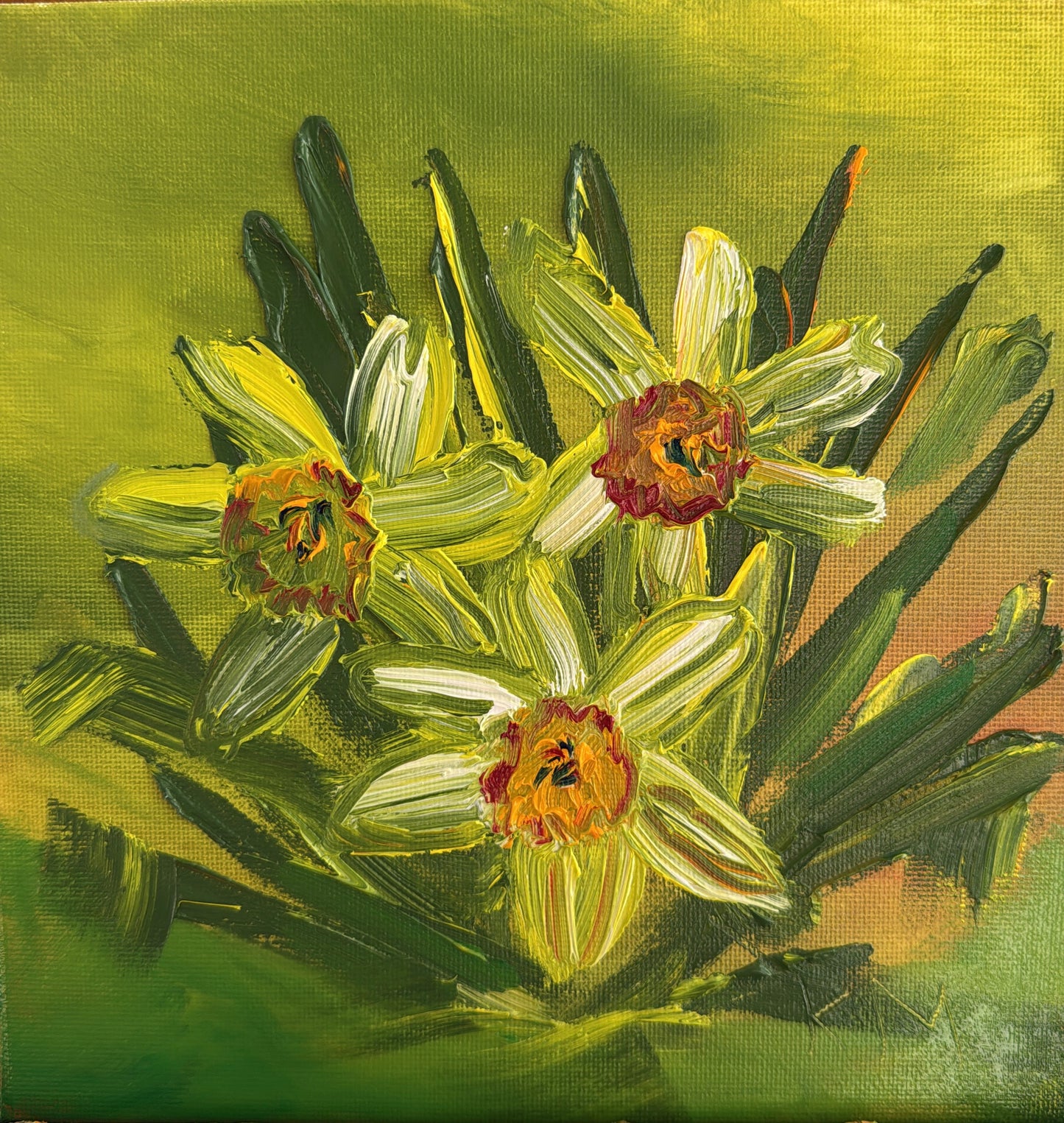“Golden Bloom" – Hand-Painted Textured Daffodils - Original Impasto Floral Wall Art | Katya Montes Art