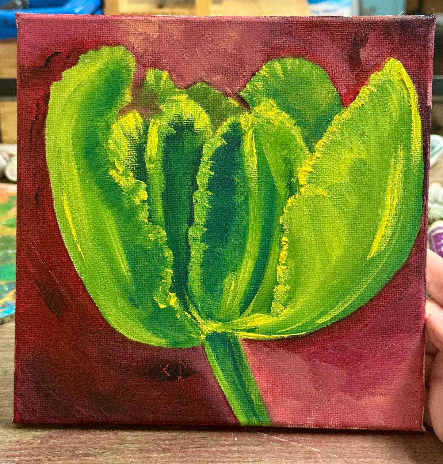 “Green Tulip” Oil on Canvas Small Painting
