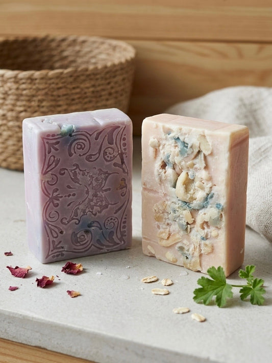 Closeup of handmade rose and geranium goat milk soaps at No Kidding Farm and Vineyard