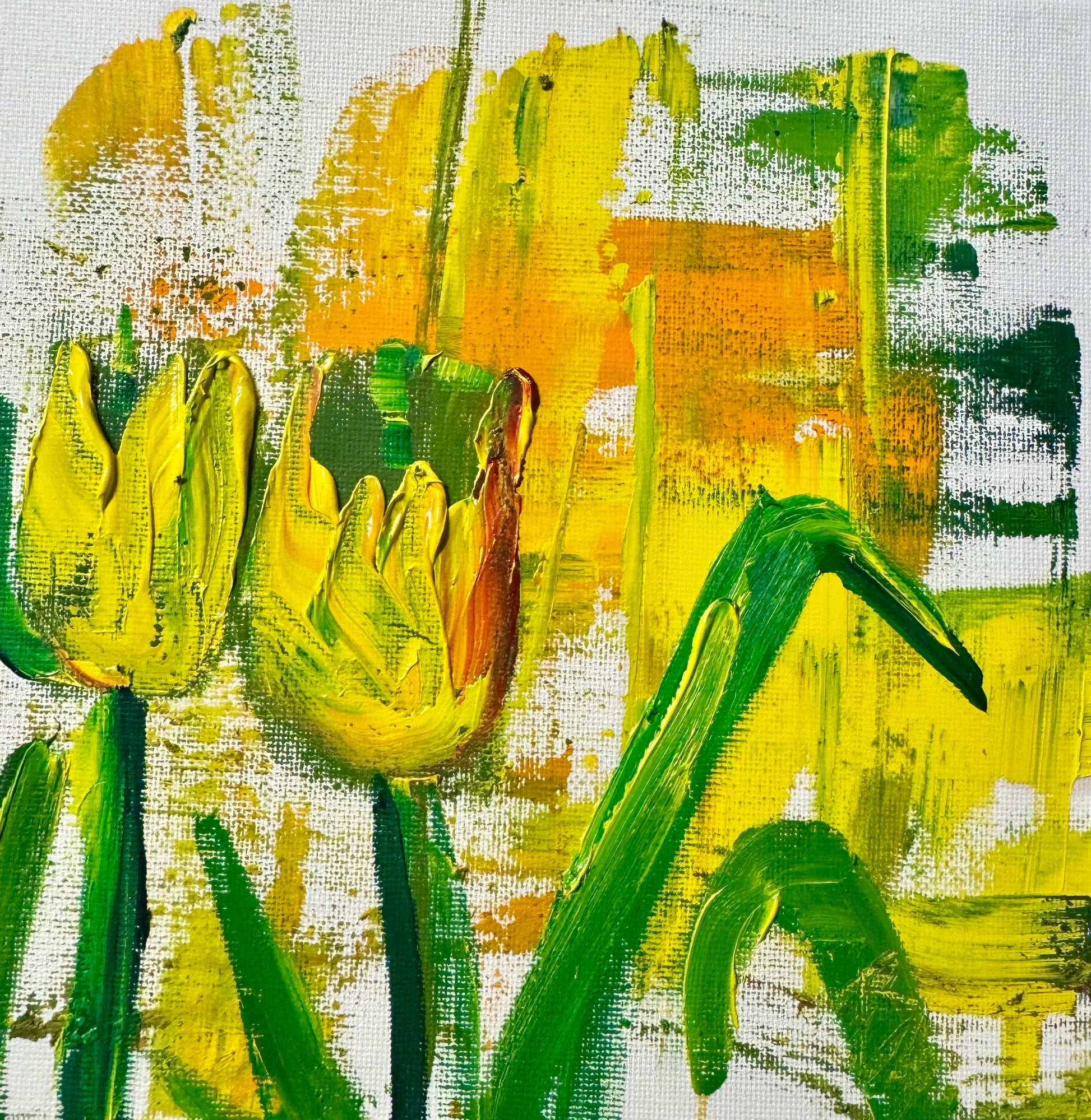 A textured impasto painting of two yellow tulips on a white canvas. Thick yellow and green paint strokes create a 3D floral effect against a bright yellow and green abstract background.