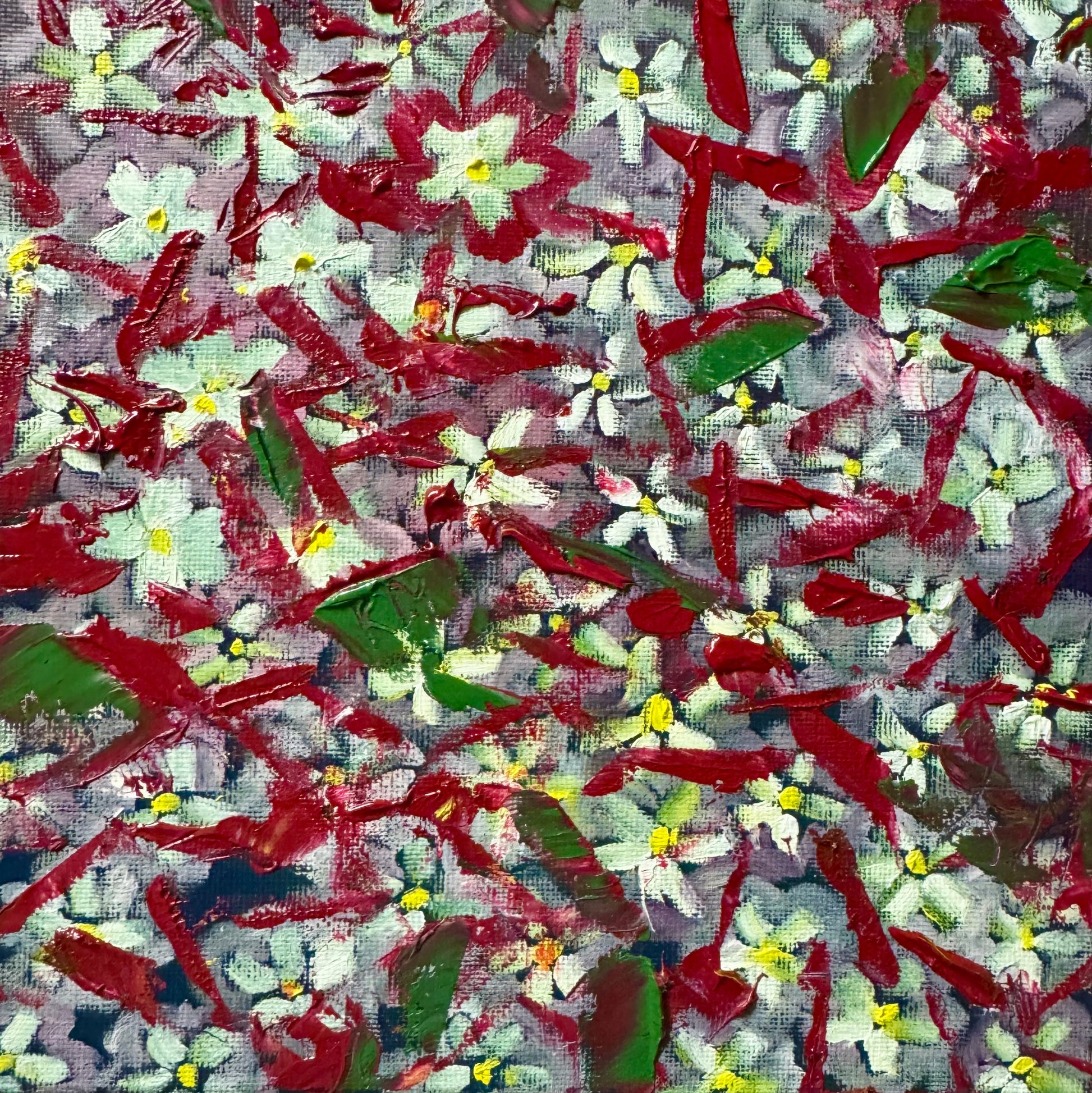 Close-up of original 8x8 Phlox oil painting showing heavy impasto brushstrokes in red, white, and green.
