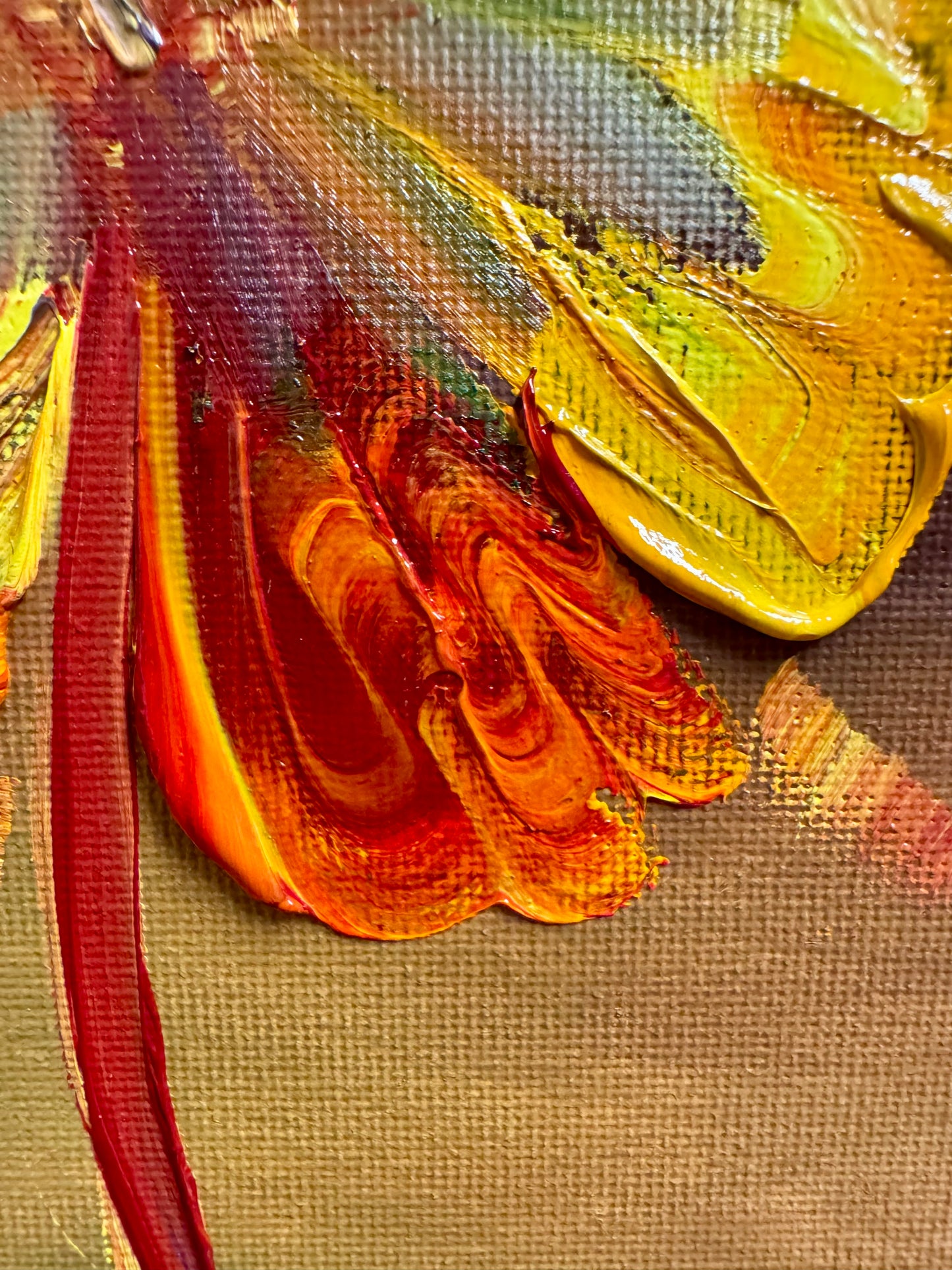 Closeup of the painting to show how the thick impasto oil paint looks up close on the canvas 