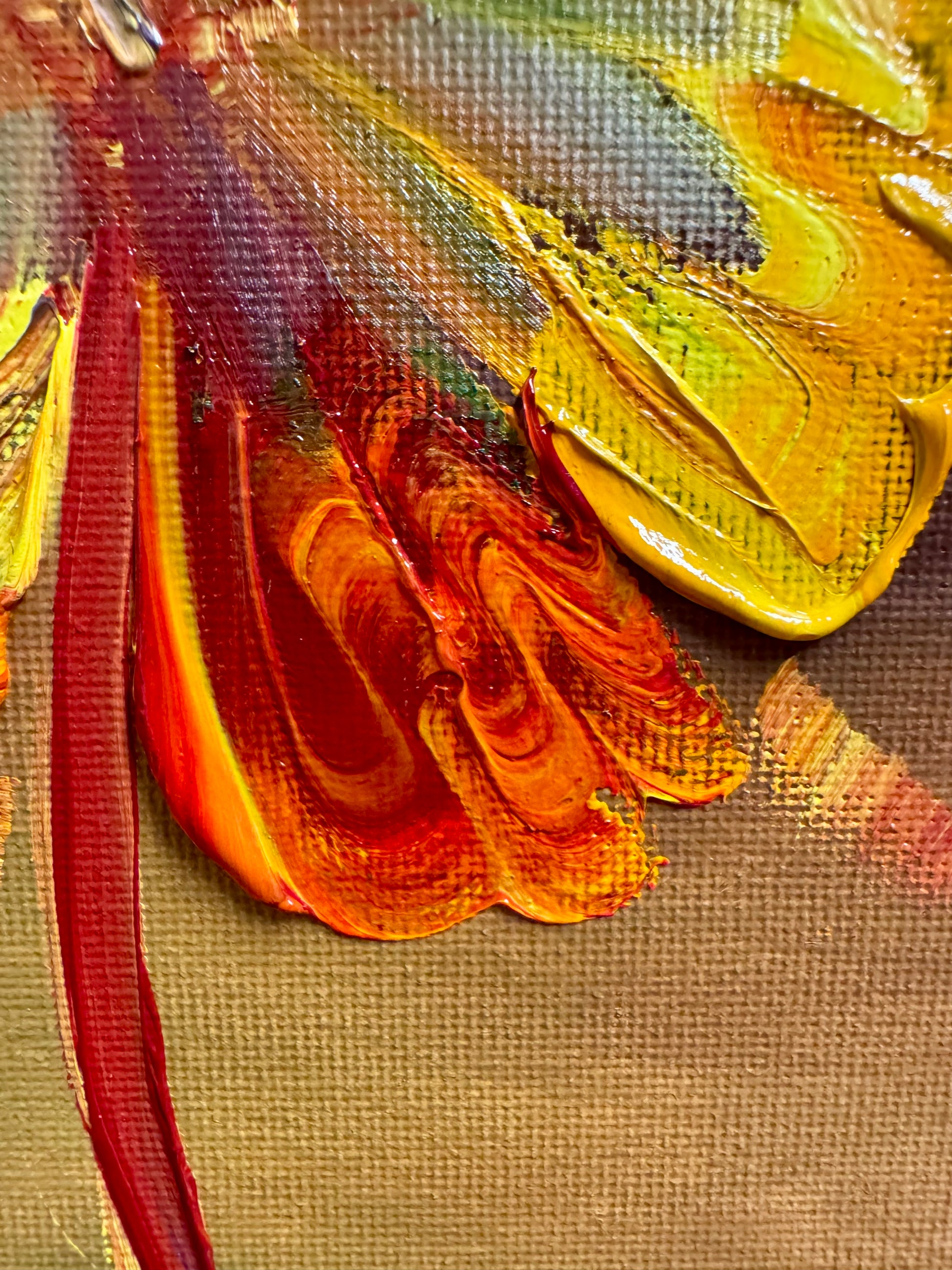 Closeup of the painting to show how the thick impasto oil paint looks up close on the canvas 