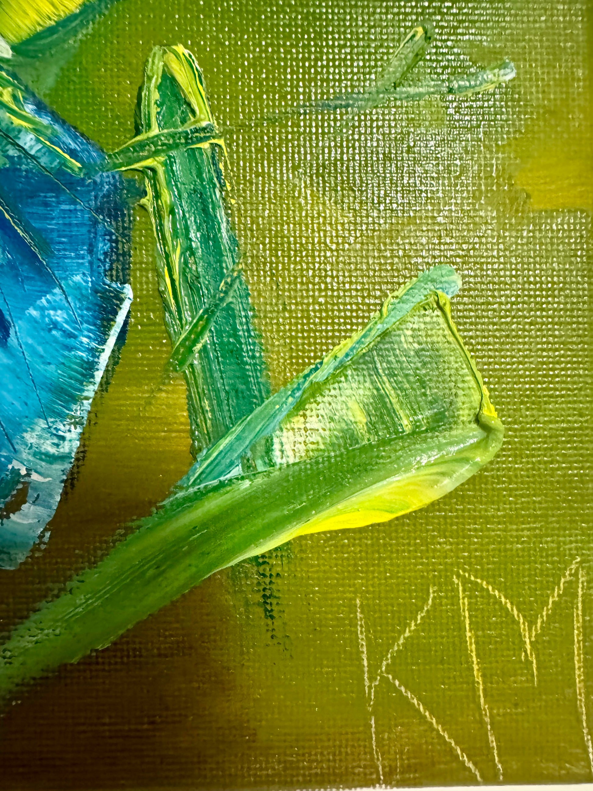 Close up of Blue Iris painting showing the impasto paint on canvas