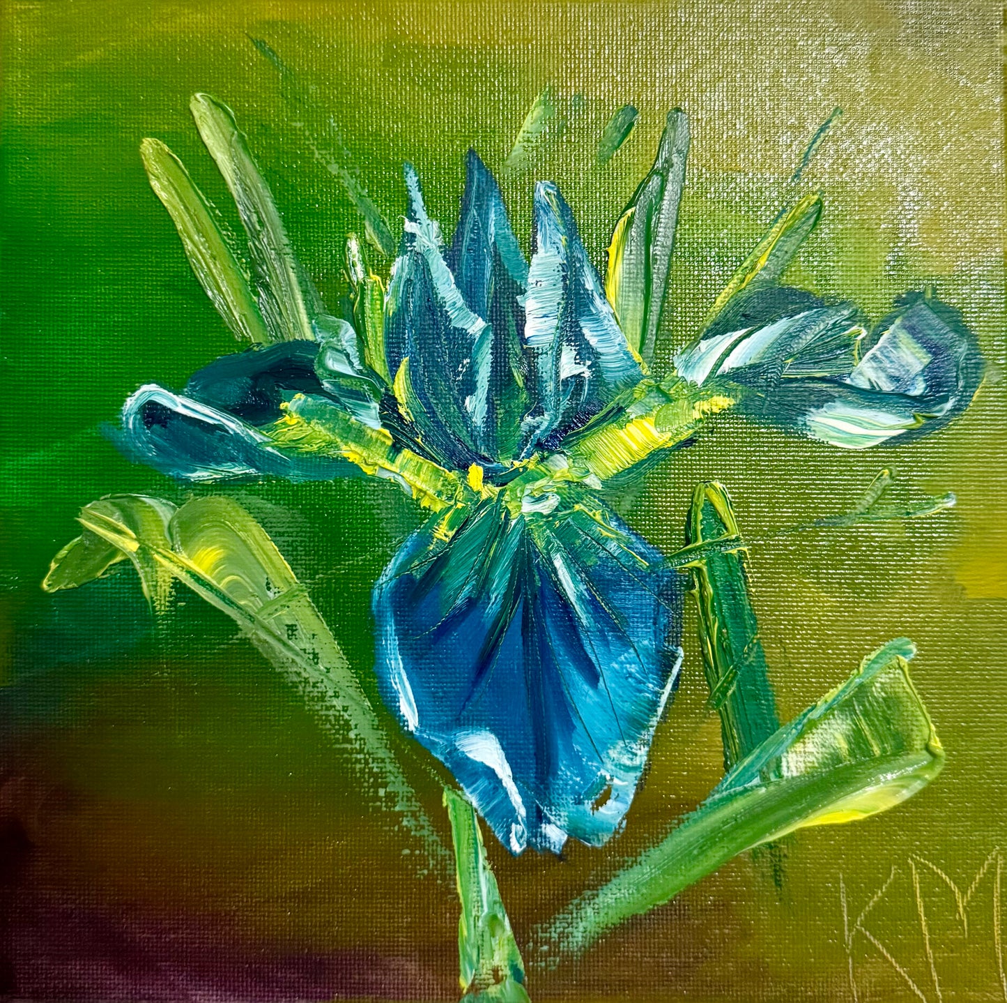 "Blue Iris" Original Mini Oil Painting – 8”x8” Impressionist Floral Art | Katya Montes Art