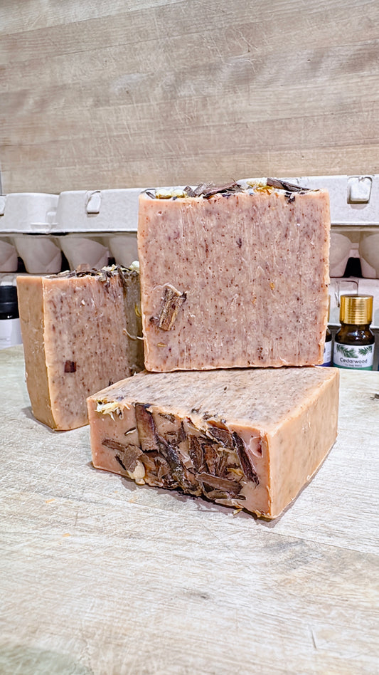 Handmade Coconut Oil Base Body Soap Infused with Real Cinnamon for Gentle Exfoliation and Topped with Real Cinnamon and Jasmine Flowers