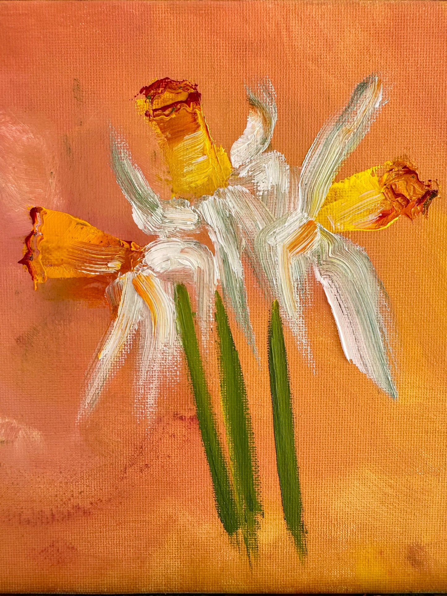 Closeup of white daffodils oil painting on a bright orange background. Small oil on 8x8 square canvas original painting by Katya Montes Art 