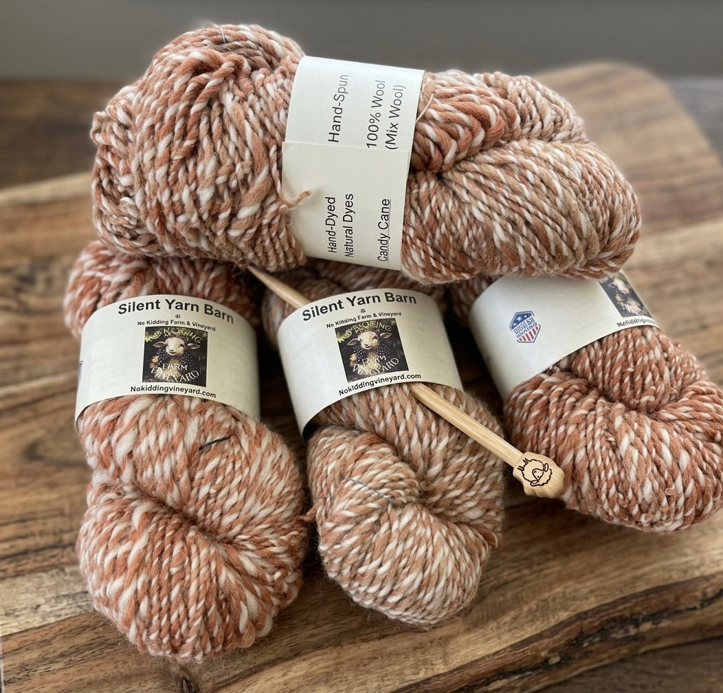 Picture of hand-spun, two-color, all natural wool yarn by No Kidding Farm and Vineyard.