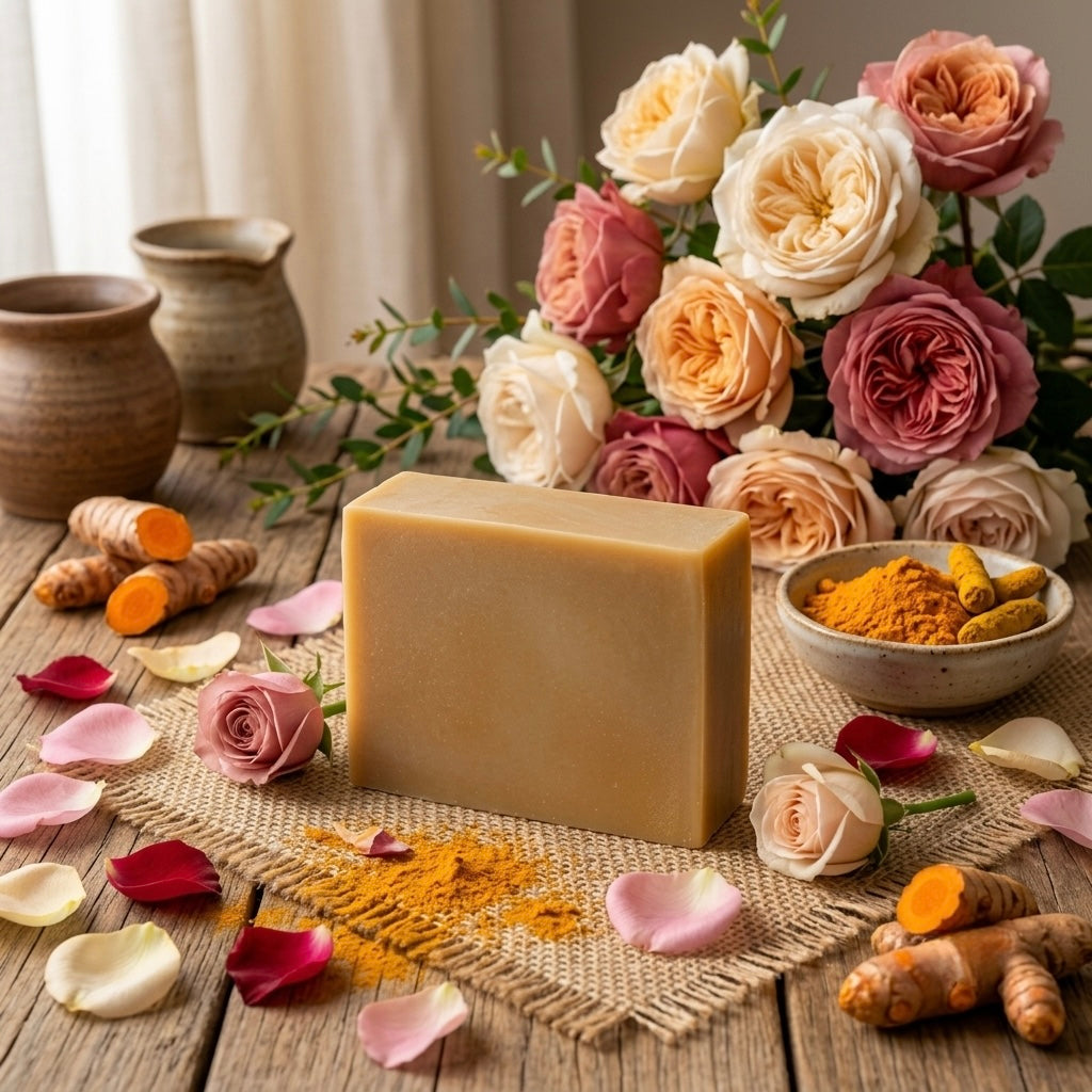 Turmeric and rose all natural goat milk soap from No Kidding Farm and Vineyard located in Virginia USA