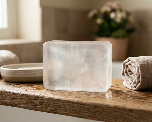 Pure glycerin soap bar on a table