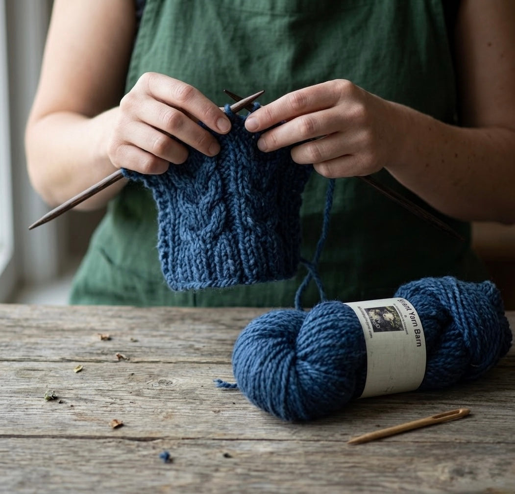 Person knitting with a ball of blue yarn on a wooden table.