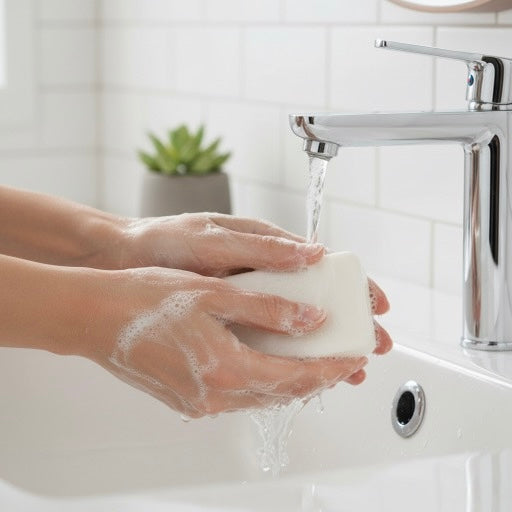 Closeup image of a person washing their hands with the pure olive oil soap bar showing the nice lather and bubbles