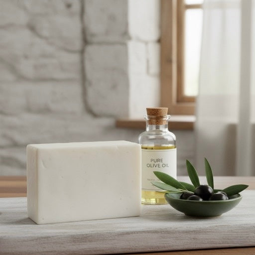 Image of pure white unscented olive oil soap bar on a table