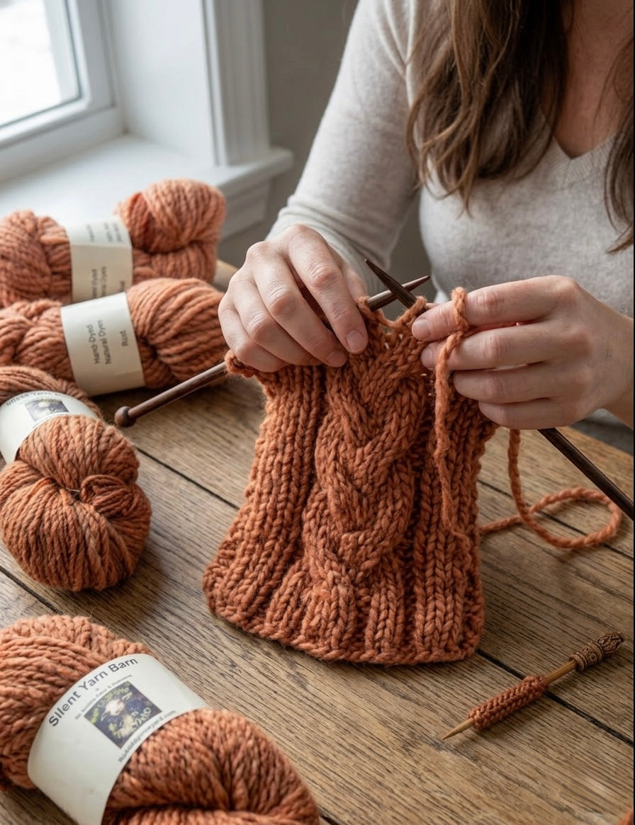 Person knitting with rust colored yarn on a wooden surface