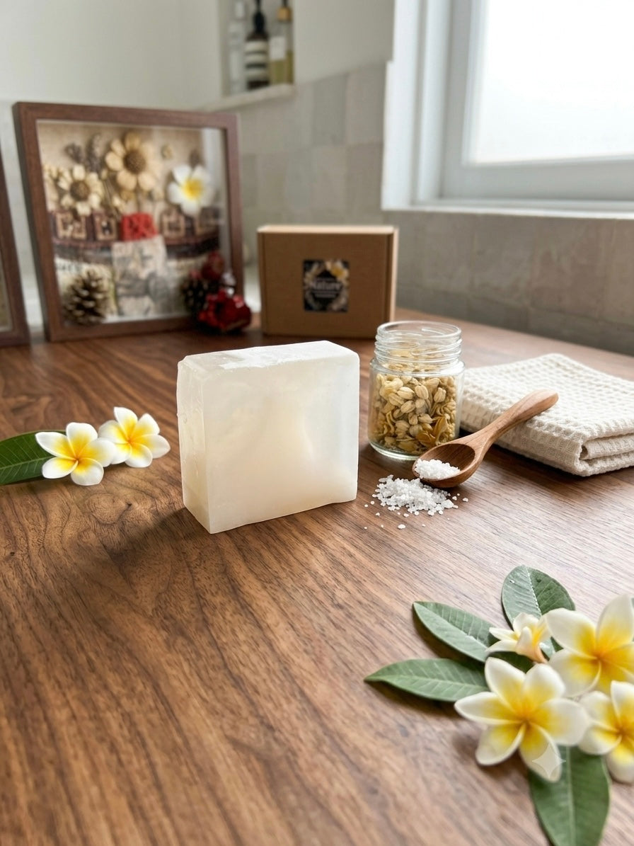 Pure glycerin and goat milk bar of soap on a table 