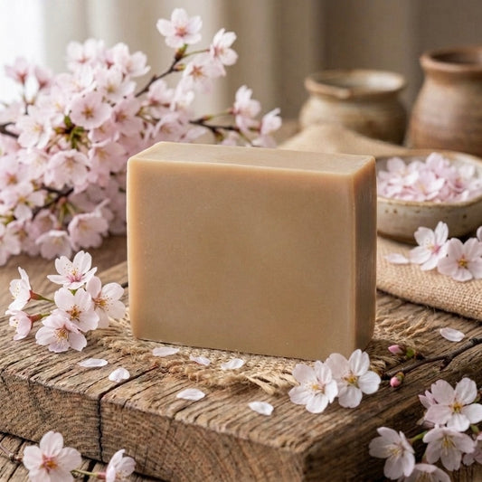 Bar of goat milk soap scented with cherry blossom essential oil 