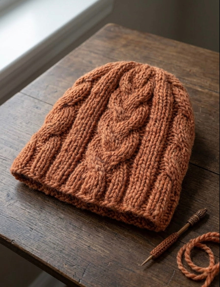 Brown knitted hat on a wooden surface with knitting needles.