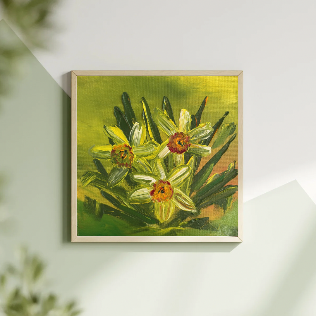 “Golden Bloom" – Hand-Painted Textured Daffodils - Original Impasto Floral Wall Art | Katya Montes Art