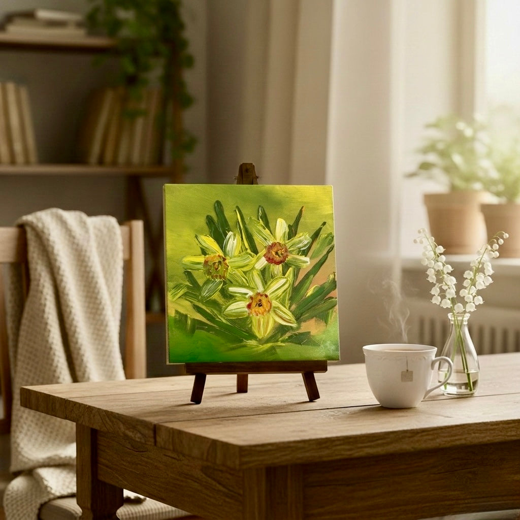 Small square daffodil painting on a wooden easel styled on a dining table next to a white tea cup and a vase of lily of the valley.