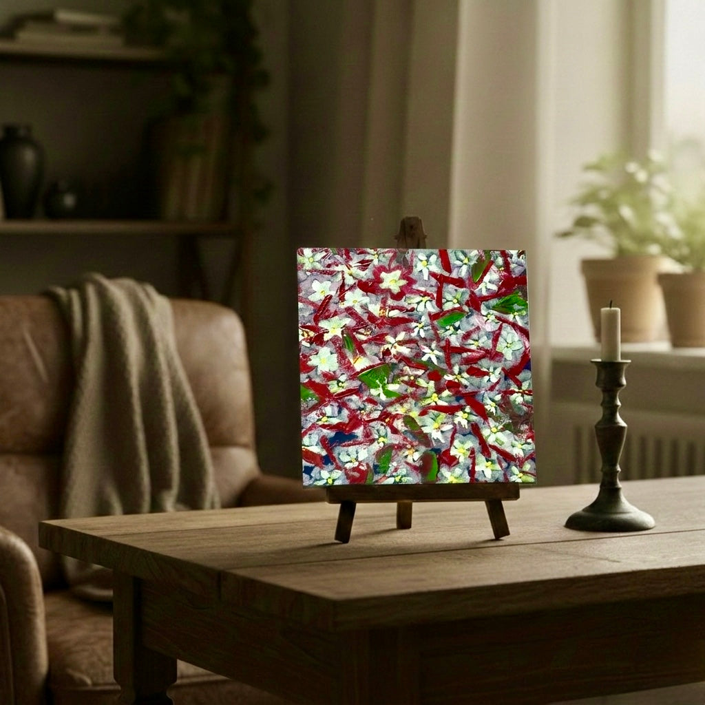 Small square Phlox flower painting displayed on a wooden easel on a tabletop in a cozy living room.