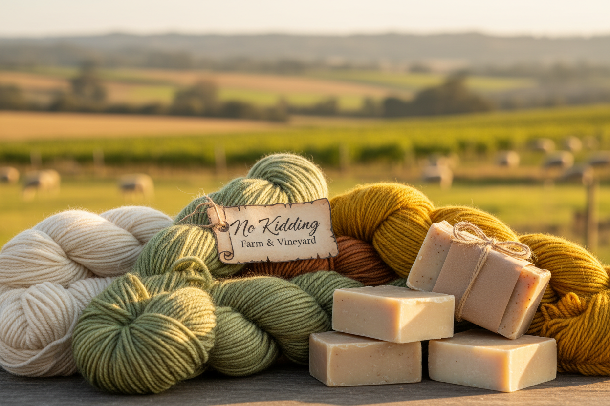 Hero banner with yarns and soaps - No Kidding Farm & Vineyard